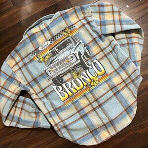 Ford Bronco Woman's Shacket Blue Plaid Graphic Fan Art Reto Wool Blend SZ XS
